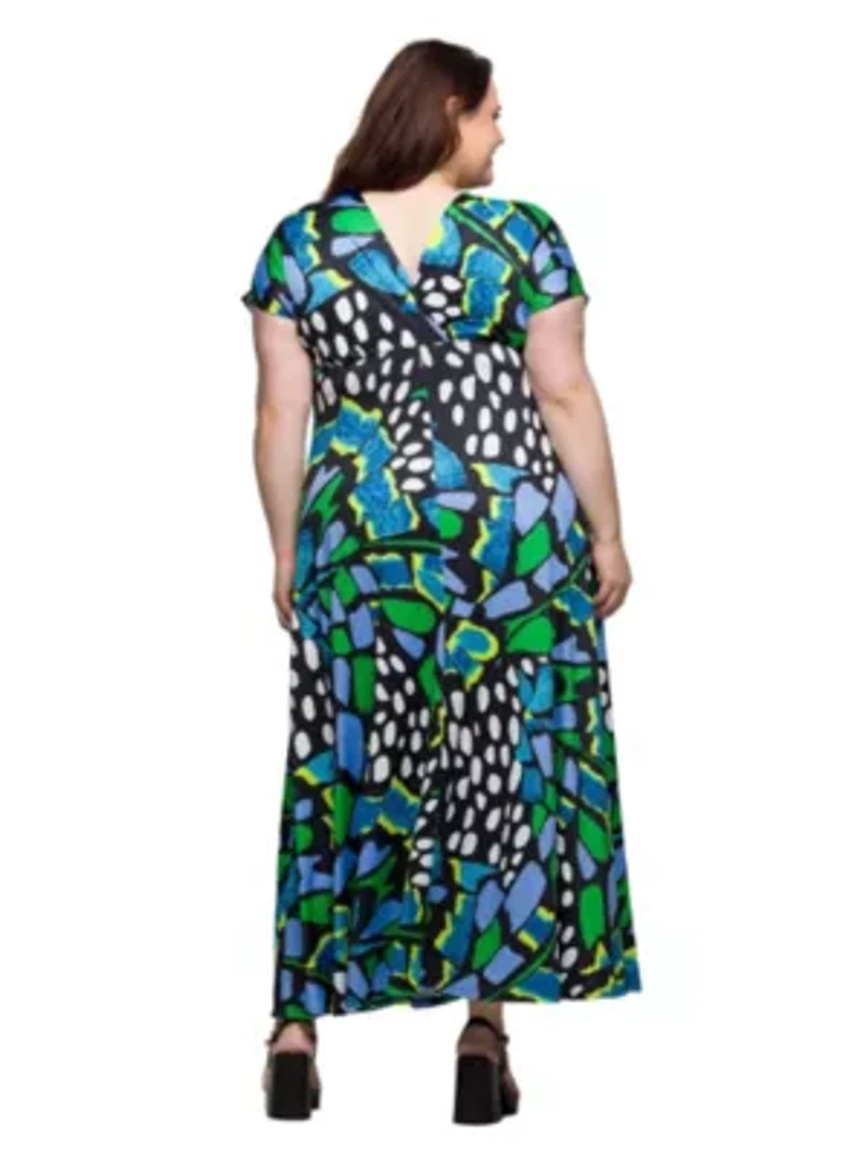 Plus Blue Butterfly Print V Neck Empire Waist Cap Sleeve Maxi Dress