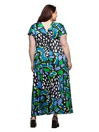 Plus Blue Butterfly Print V Neck Empire Waist Cap Sleeve Maxi Dress