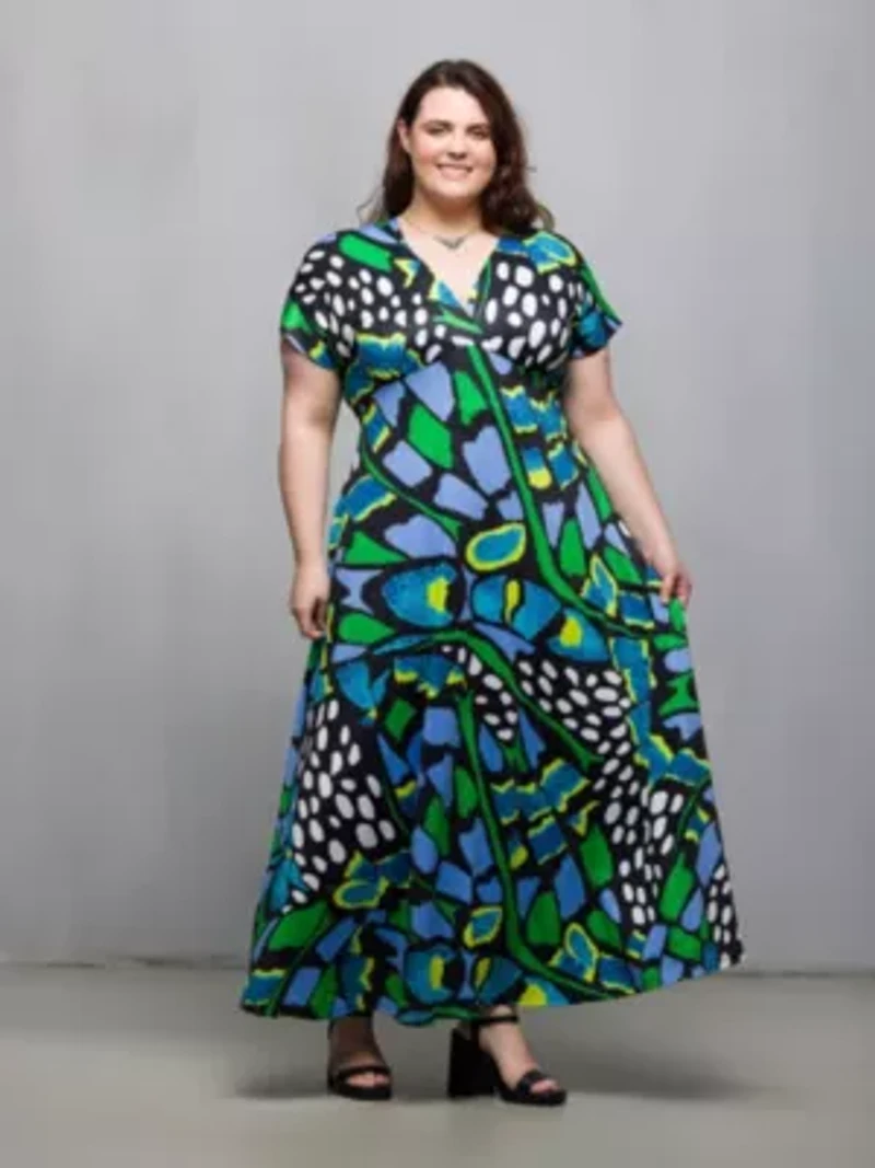 Plus Blue Butterfly Print V Neck Empire Waist Cap Sleeve Maxi Dress