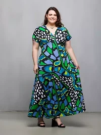 Plus Blue Butterfly Print V Neck Empire Waist Cap Sleeve Maxi Dress
