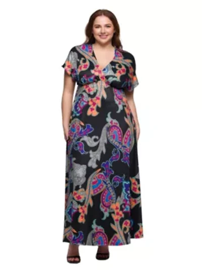 Plus Black Paisley Print V Neck Empire Waist Cap Sleeve Maxi Dress