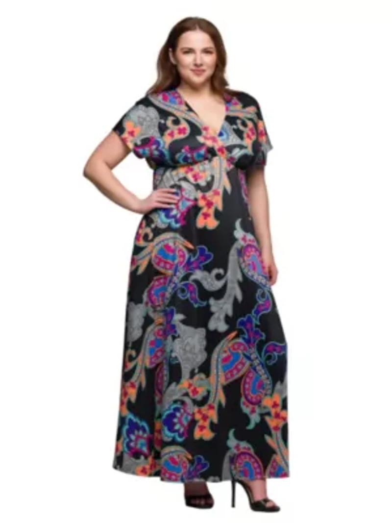 Plus Black Paisley Print V Neck Empire Waist Cap Sleeve Maxi Dress
