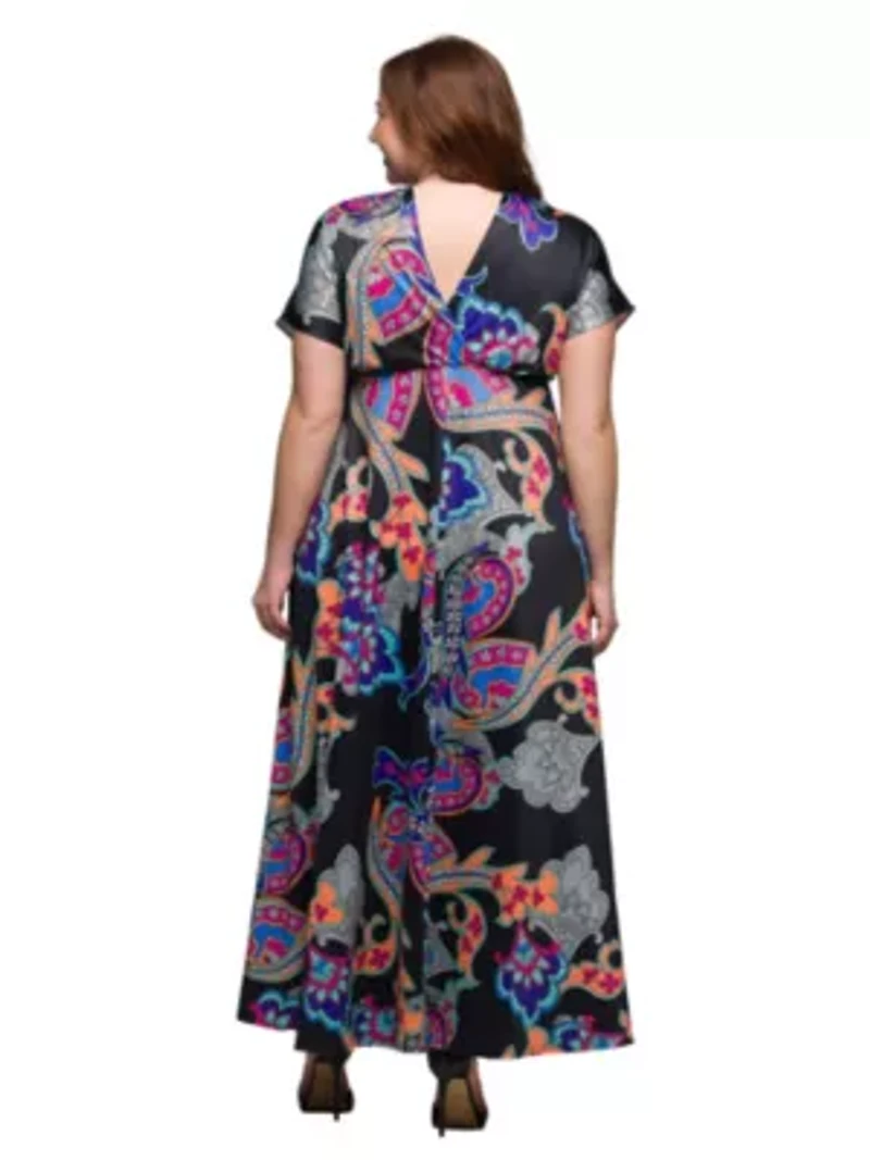 Plus Black Paisley Print V Neck Empire Waist Cap Sleeve Maxi Dress