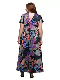 Plus Black Paisley Print V Neck Empire Waist Cap Sleeve Maxi Dress