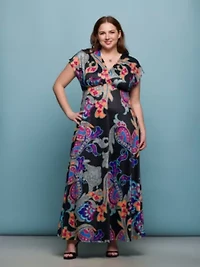 Plus Black Paisley Print V Neck Empire Waist Cap Sleeve Maxi Dress