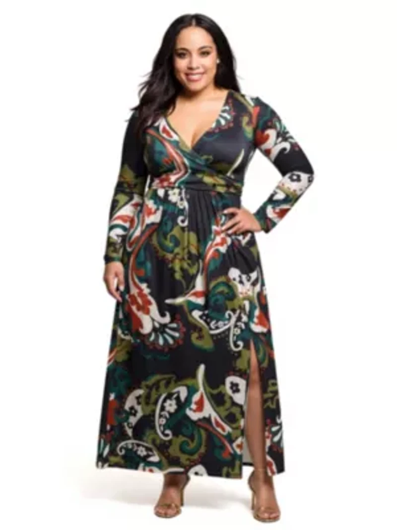 Womens Plus Paisley Print Long Sleeve Wrap Maxi Dress
