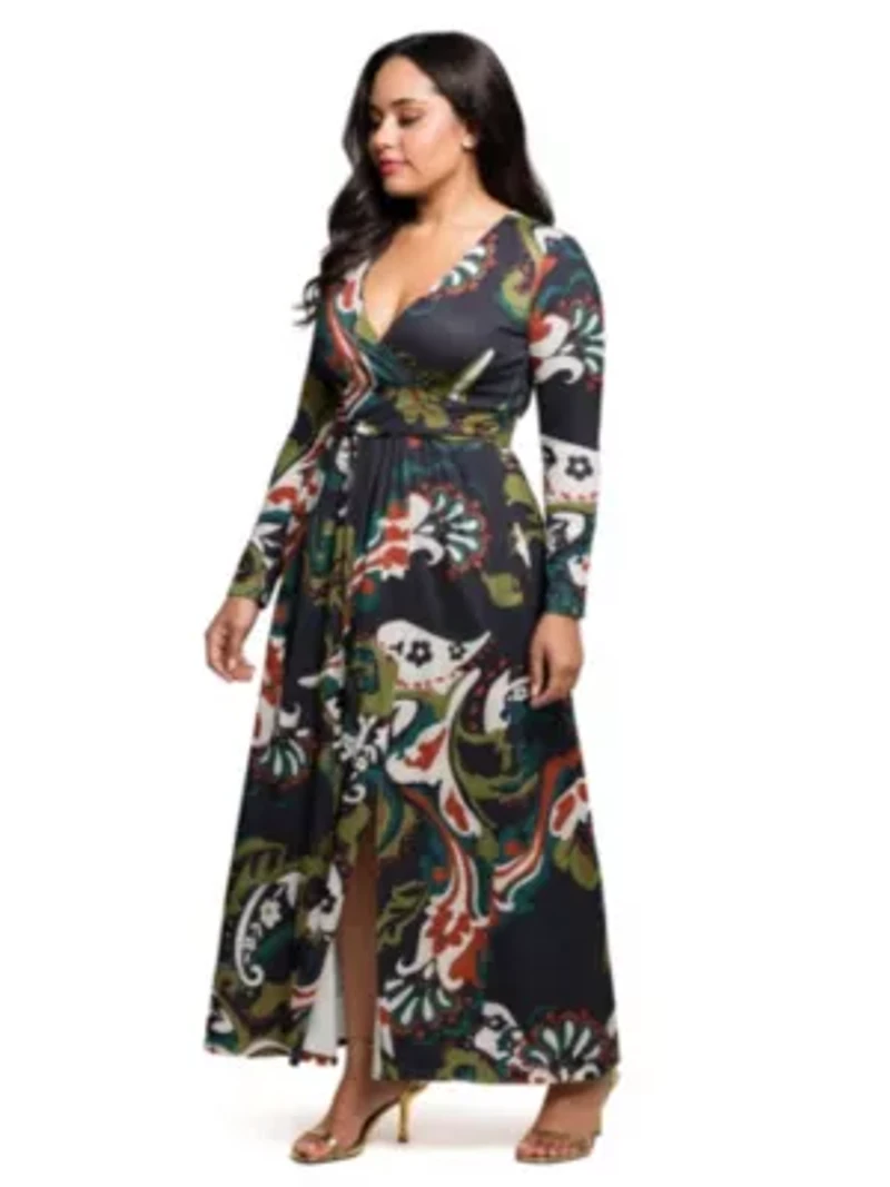 Womens Plus Paisley Print Long Sleeve Wrap Maxi Dress