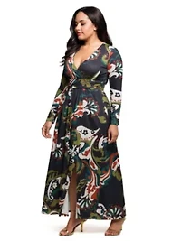 Womens Plus Paisley Print Long Sleeve Wrap Maxi Dress