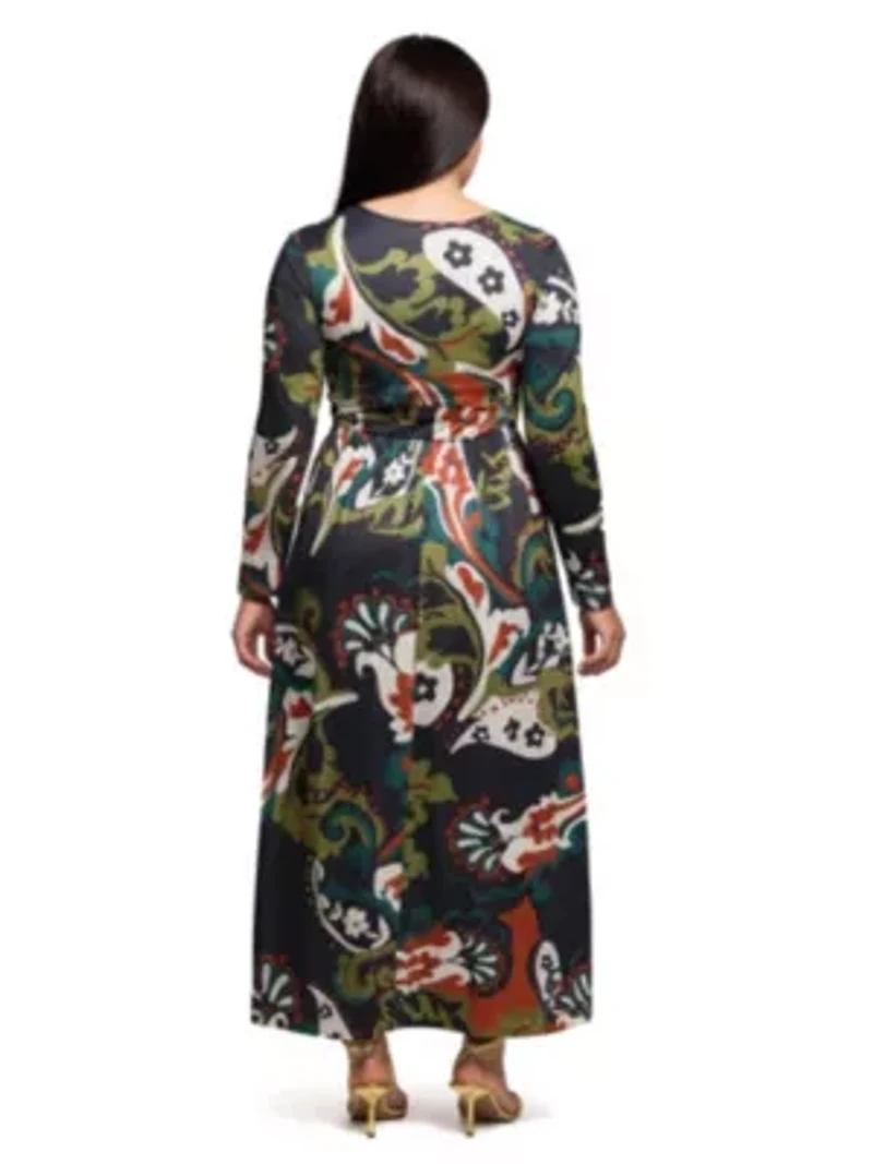 Womens Plus Paisley Print Long Sleeve Wrap Maxi Dress