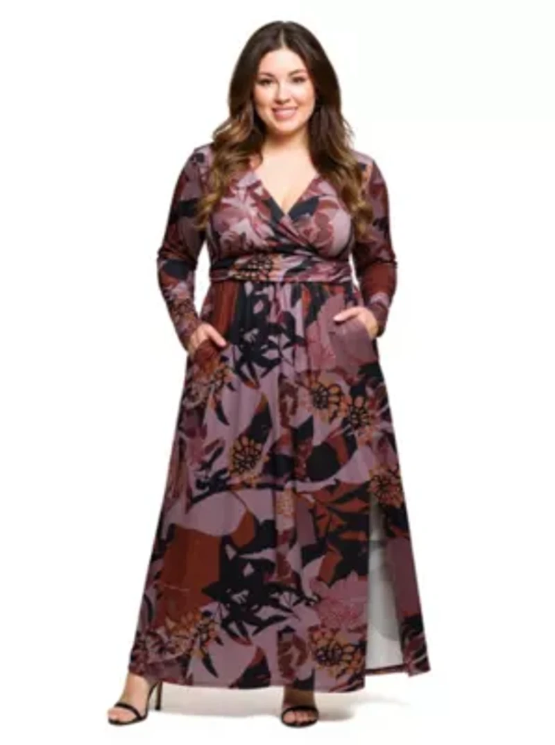 Womens Plus Gray Floral Print Long Sleeve Wrap Maxi Dress