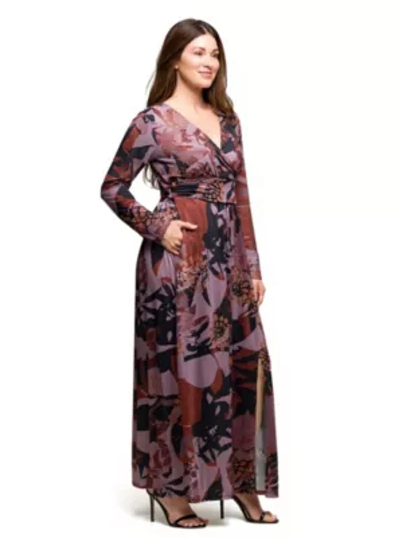 Womens Plus Gray Floral Print Long Sleeve Wrap Maxi Dress