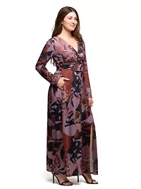 Womens Plus Gray Floral Print Long Sleeve Wrap Maxi Dress
