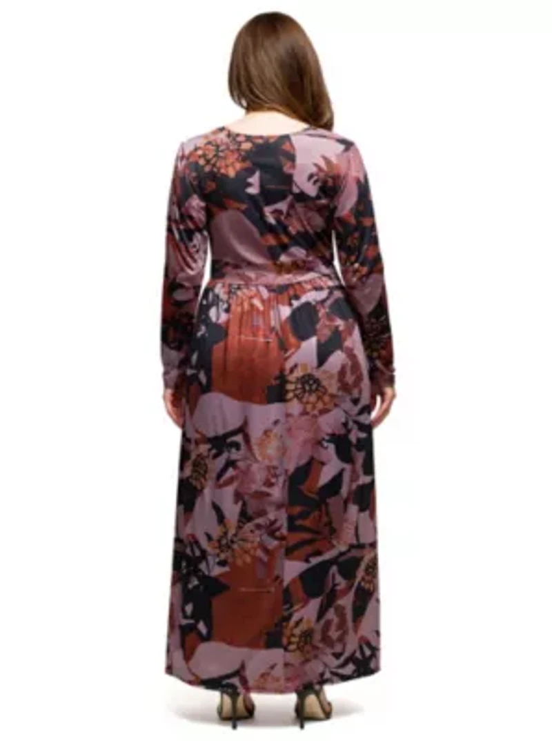 Womens Plus Gray Floral Print Long Sleeve Wrap Maxi Dress