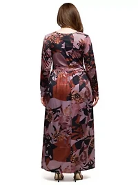 Womens Plus Gray Floral Print Long Sleeve Wrap Maxi Dress