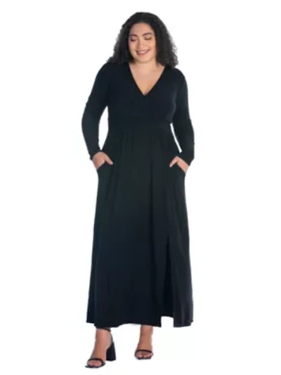 Plus Long Sleeve V Neck Side Slit Maxi Dress