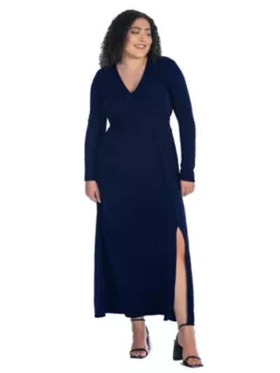 Plus Long Sleeve V Neck Side Slit Maxi Dress