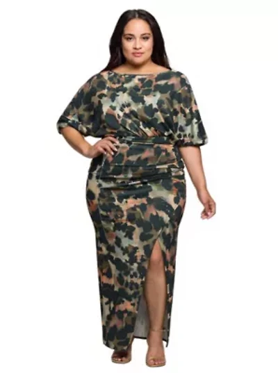 Womens Plus Green Abstract Print Batwing Sleeve Maxi Dress with Slit