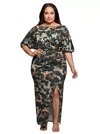 Womens Plus Green Abstract Print Batwing Sleeve Maxi Dress with Slit