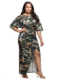 Womens Plus Green Abstract Print Batwing Sleeve Maxi Dress with Slit