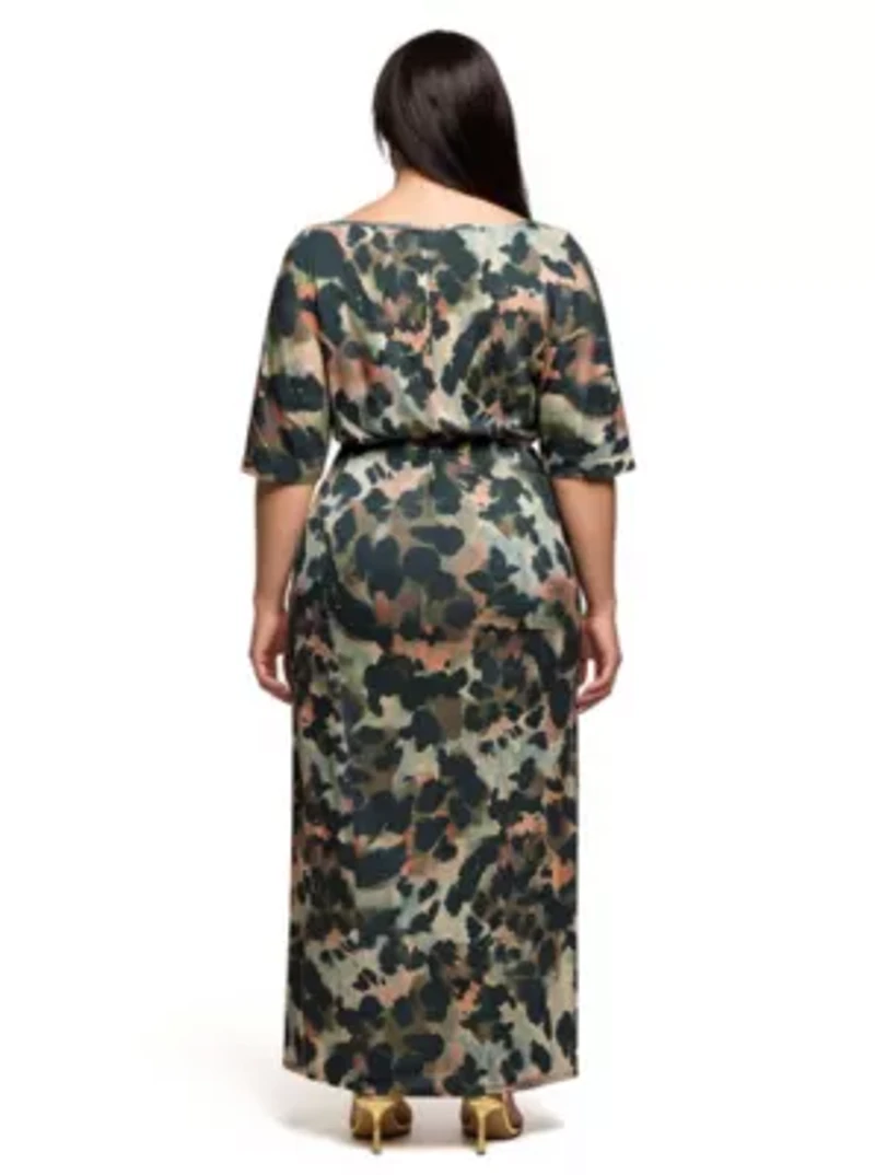 Womens Plus Green Abstract Print Batwing Sleeve Maxi Dress with Slit