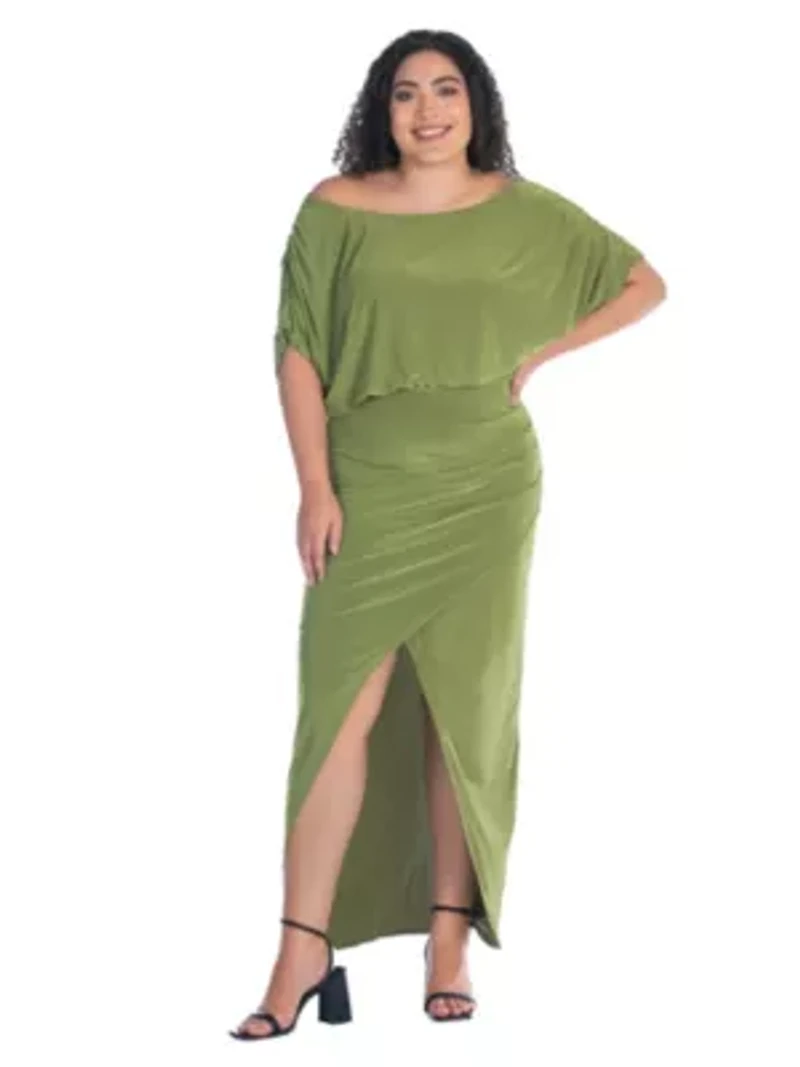 Plus Boat Neck Batwing Sleeve Slit Maxi Dress
