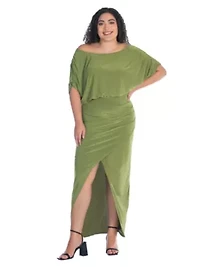 Plus Boat Neck Batwing Sleeve Slit Maxi Dress