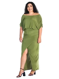 Plus Boat Neck Batwing Sleeve Slit Maxi Dress