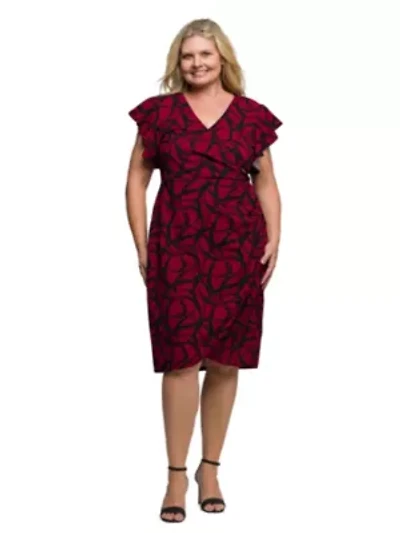 Womens Plus Burgundy Print Flutter Sleeve Faux Wrap Dress