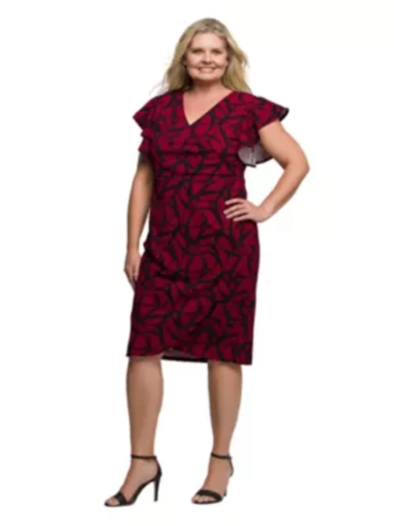 Womens Plus Burgundy Print Flutter Sleeve Faux Wrap Dress