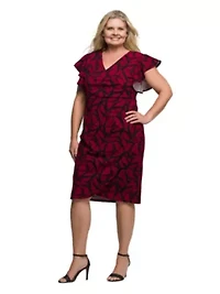 Womens Plus Burgundy Print Flutter Sleeve Faux Wrap Dress