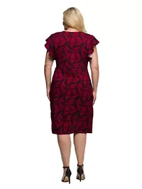 Womens Plus Burgundy Print Flutter Sleeve Faux Wrap Dress