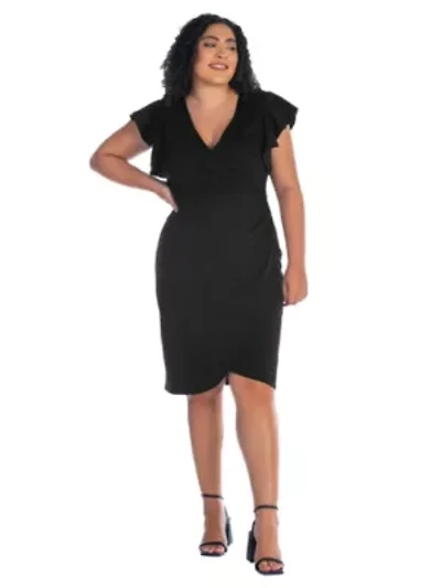 Plus V Neck Ruffle Sleeve Knee Length Dress
