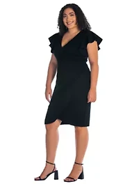 Plus V Neck Ruffle Sleeve Knee Length Dress