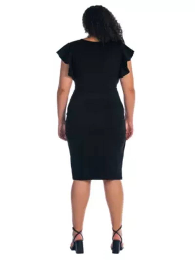 Plus V Neck Ruffle Sleeve Knee Length Dress