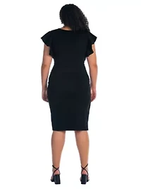 Plus V Neck Ruffle Sleeve Knee Length Dress