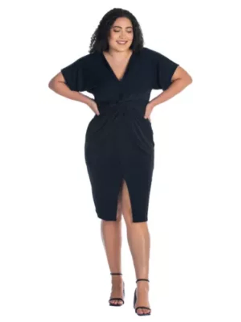 Plus Short Sleeve V Neck Twist Front Split Hem Dress