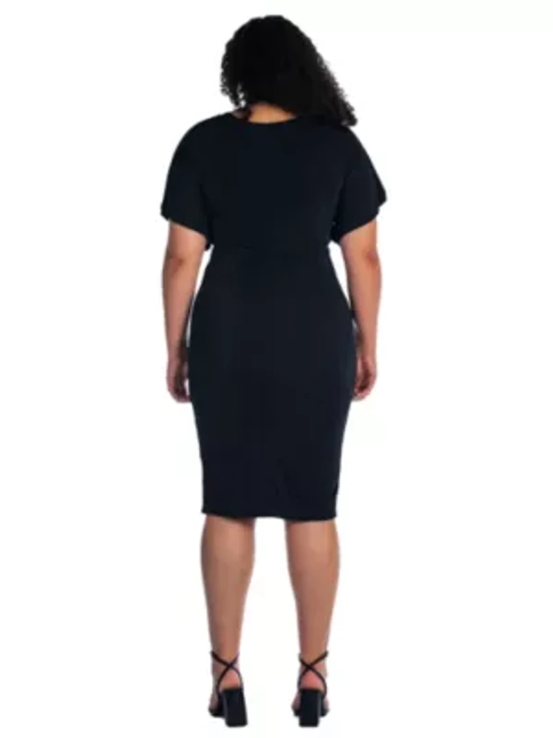 Plus Short Sleeve V Neck Twist Front Split Hem Dress