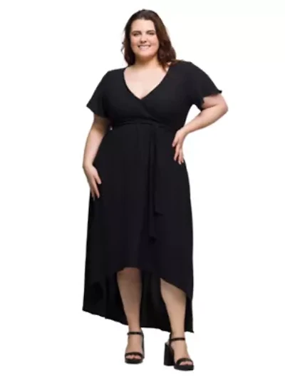 Plus V Neck Belted Faux Wrap High Low Dress