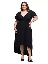 Plus V Neck Belted Faux Wrap High Low Dress
