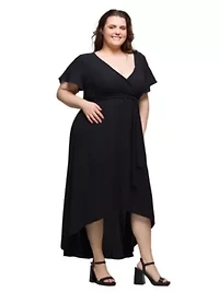 Plus V Neck Belted Faux Wrap High Low Dress