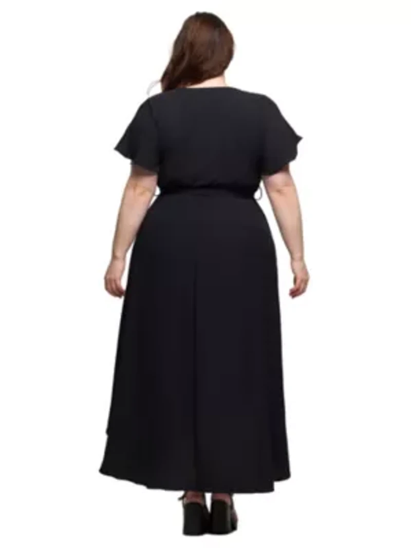 Plus V Neck Belted Faux Wrap High Low Dress