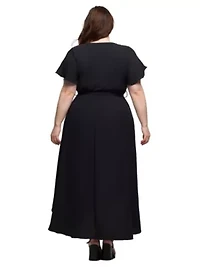 Plus V Neck Belted Faux Wrap High Low Dress