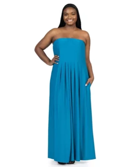 Plus Pleated A Line Strapless Maxi Dress With Pockets