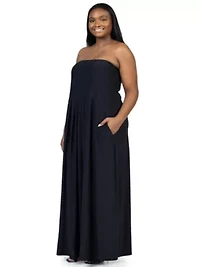 Plus Pleated A Line Strapless Maxi Dress With Pockets