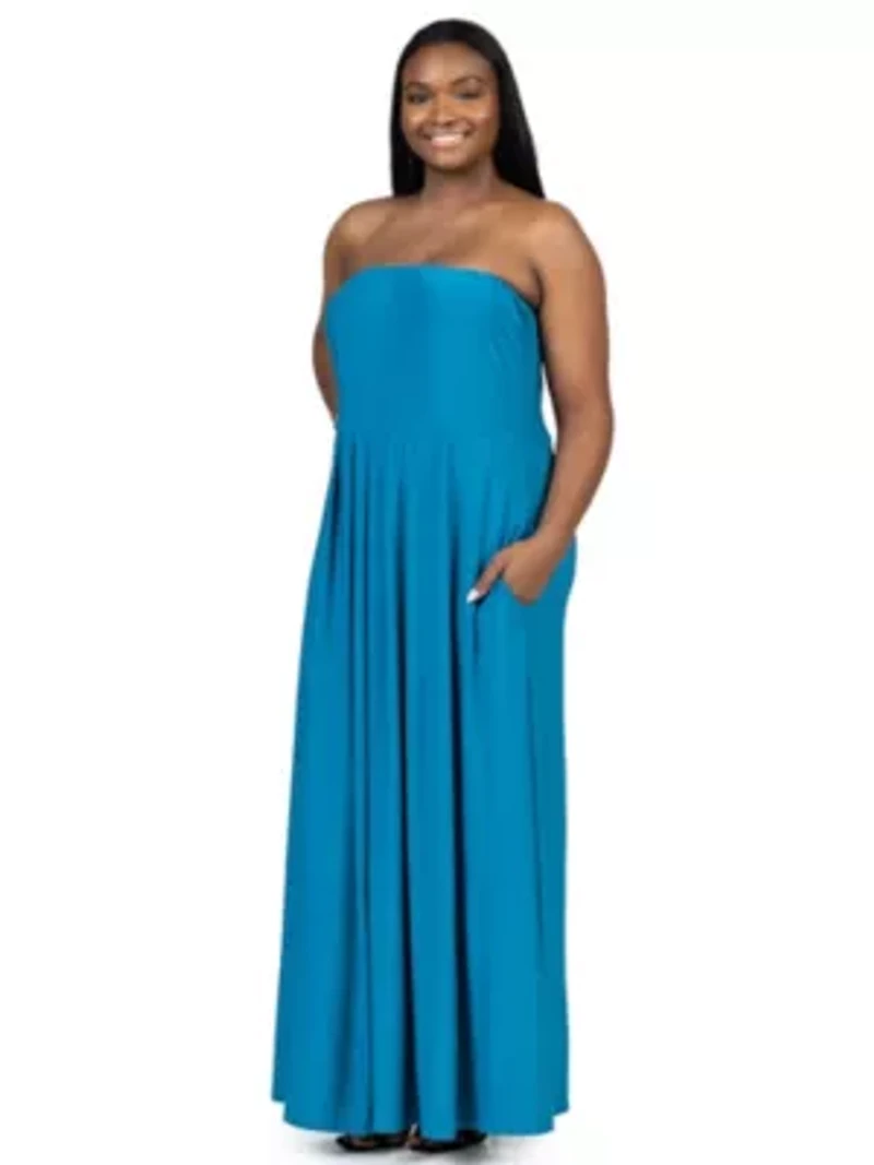 Plus Pleated A Line Strapless Maxi Dress With Pockets