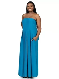 Plus Pleated A Line Strapless Maxi Dress With Pockets