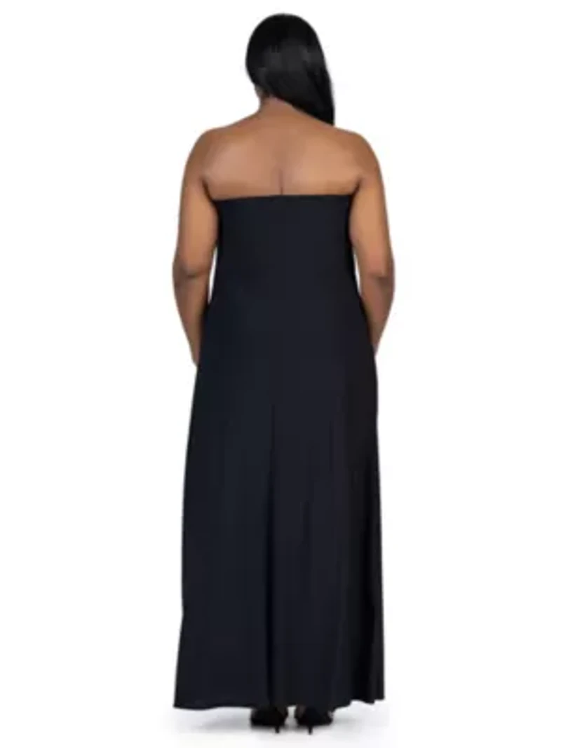 Plus Pleated A Line Strapless Maxi Dress With Pockets