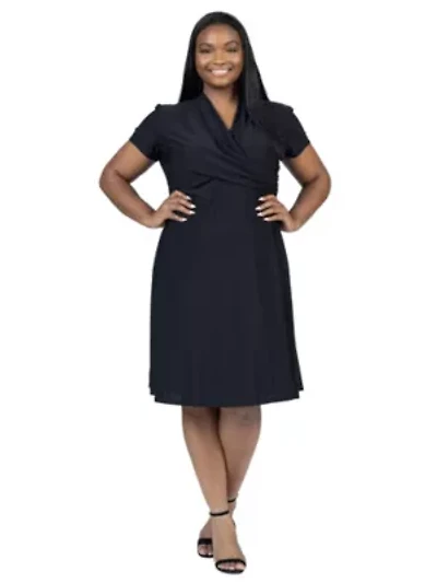 Plus Short Sleeve Knee Length V Neck Rouched Wrap Dress