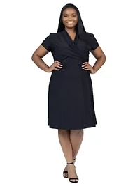 Plus Short Sleeve Knee Length V Neck Rouched Wrap Dress