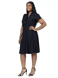 Plus Short Sleeve Knee Length V Neck Rouched Wrap Dress